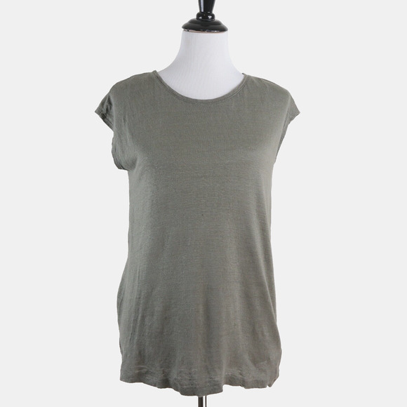 Tahari Size S Linen Fine Knit Button Back Tee Short Sleeve Top Green - Picture 3 of 10